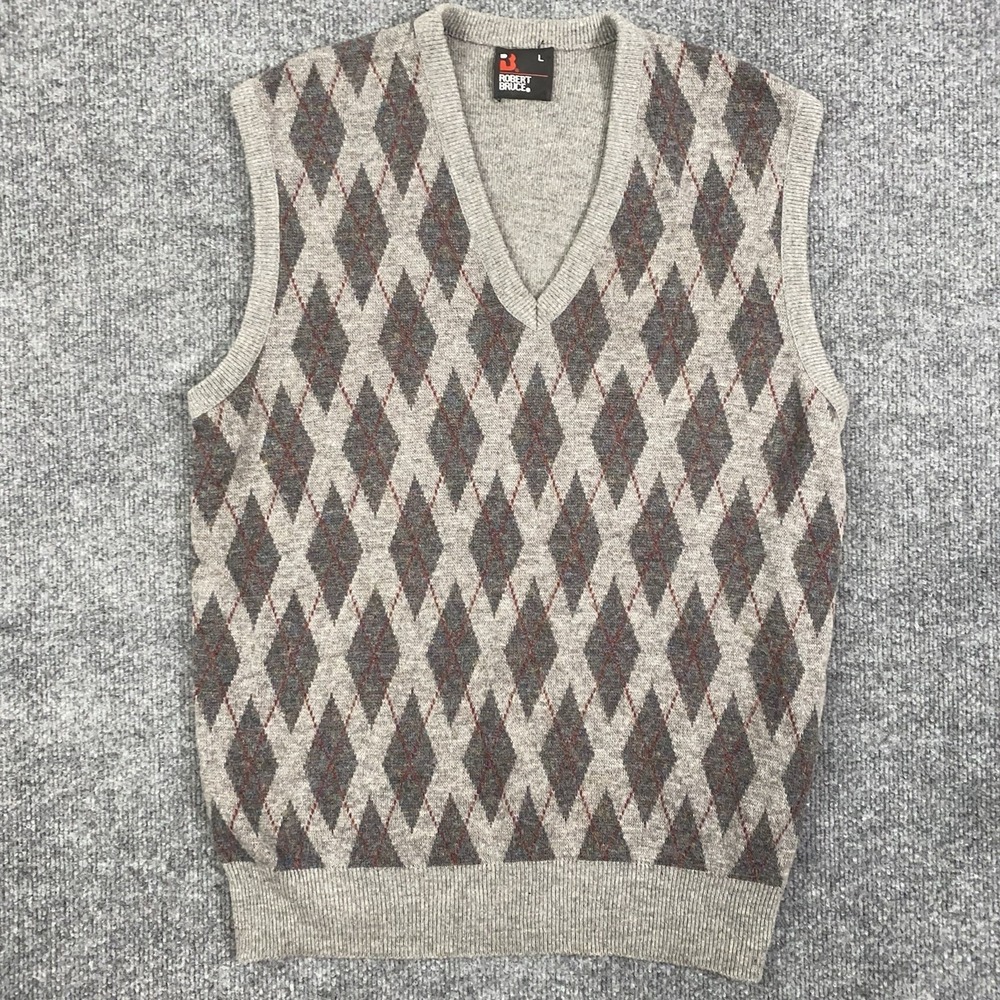 VTG Robert Bruce Argyle‎ Sweater Vest Mens L Gray V Neck Acrylic Union USA Made